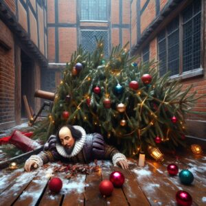 William Shakespeare underneath a fallen Christmas tree
