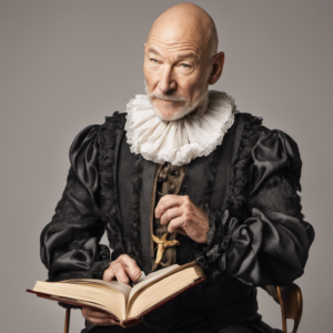 An AI generated image for "Patrick Stewart dressed as Shakespeare reading a book."