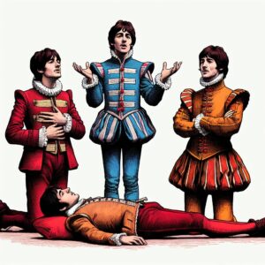 AI-generated image of The Beatles performing Shakespeare