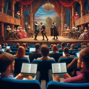 AI-generated image of a theatre where everyone is on their laptop