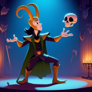 AI-generated cartoon Loki peforming Hamlet
