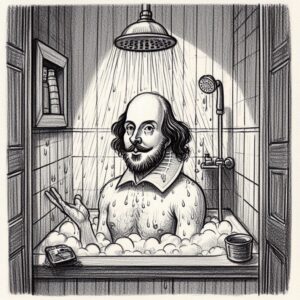 AI generated image of Shakespeare in the bath tub.