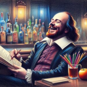 William Shakespeare making edits to his copy of Shakespeare Jokes for All Time.
