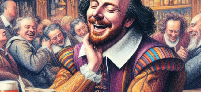 Shakespeare laughing over his copy of Shakespeare Jokes for All Time