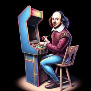 AI-generated Shakespeare trying to play a standup arcade video game
