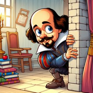 Cartoon Shakespeare peeking around a corner
