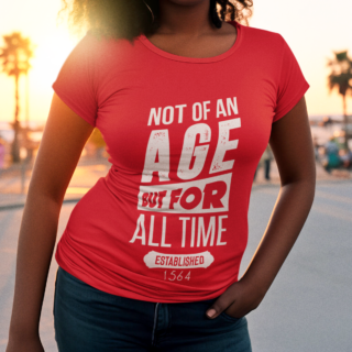 Curly hair woman in red Not Of An Age But For All Time t-shirt
