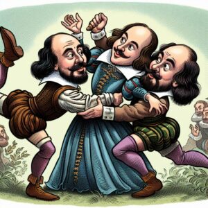 Cartoon Shakespeare as three siblings fighting