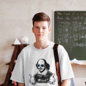 Teen student wearing white Shakespeare word shirt.