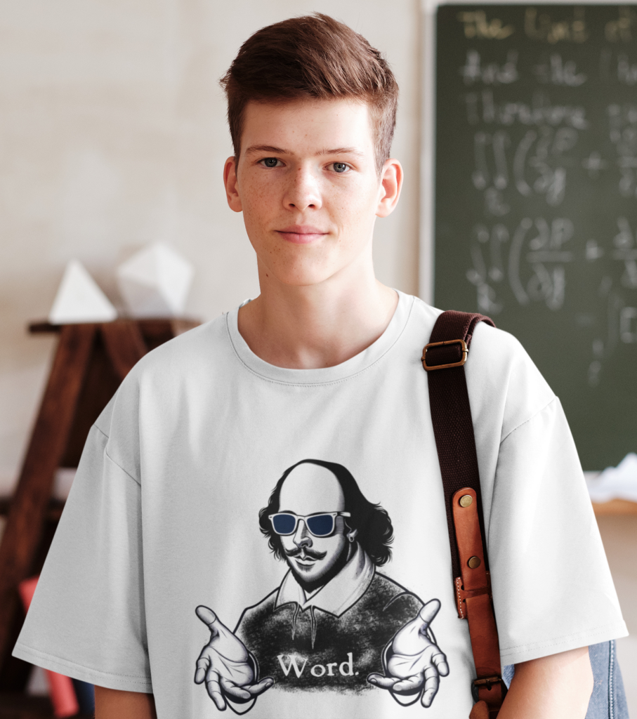 Teen student wearing white Shakespeare word shirt.