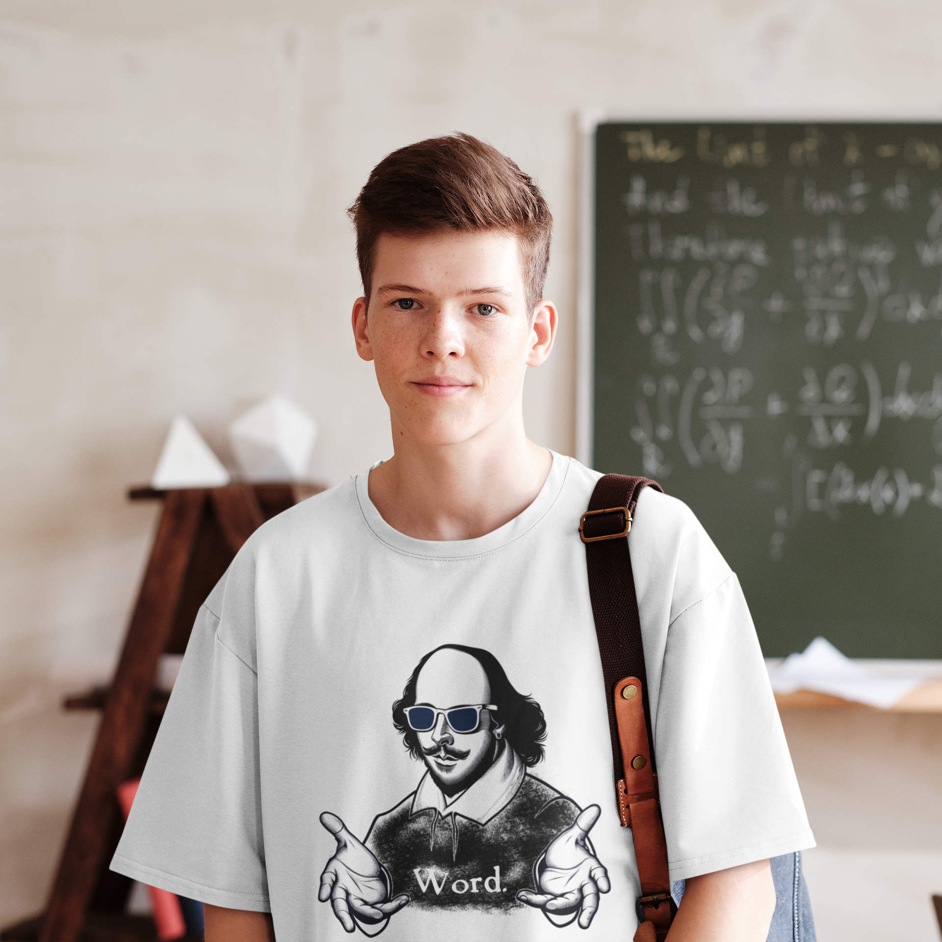 Male teen student wearing Shakespeare word t-shirt