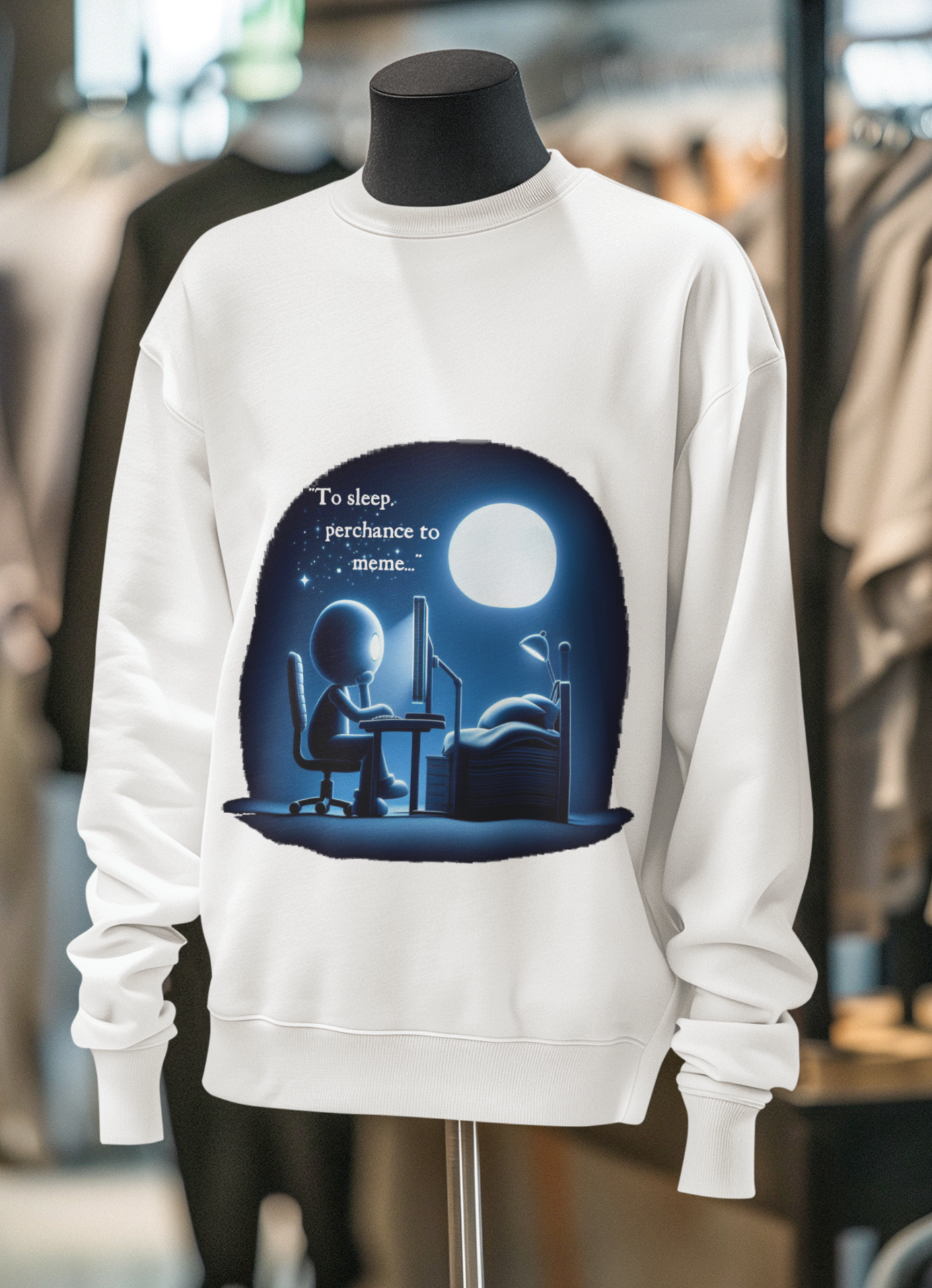 Mannequin with Perchance to Meme sweatshirt