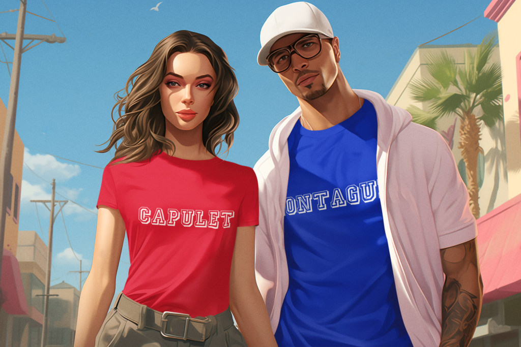 Couple wearing Capulet and Montague t-shirts