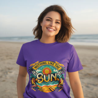 Woman at the beach wearing a Nothing Like the Sun purple t-shirt