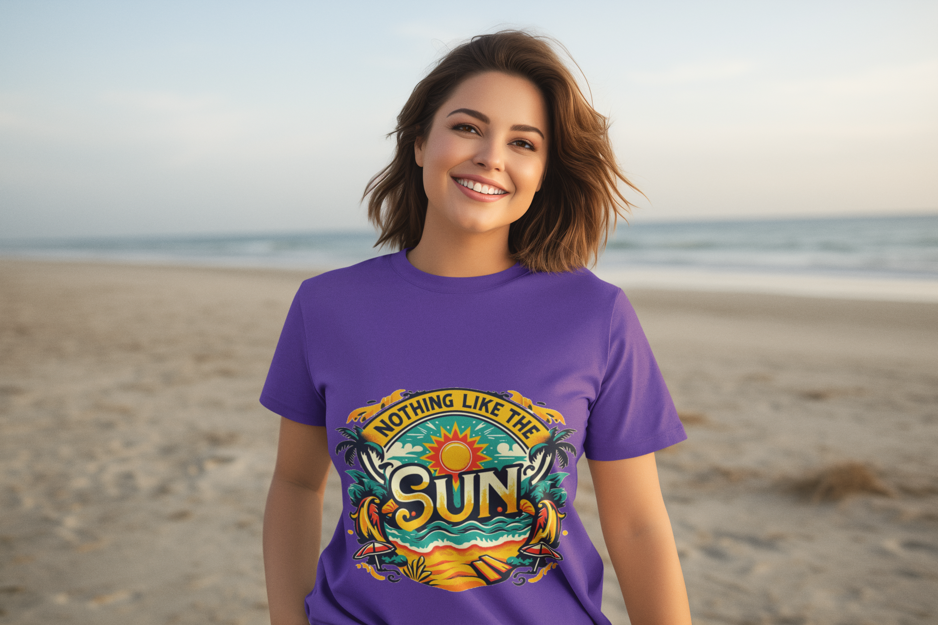 Woman at the beach wearing a Nothing Like the Sun purple t-shirt